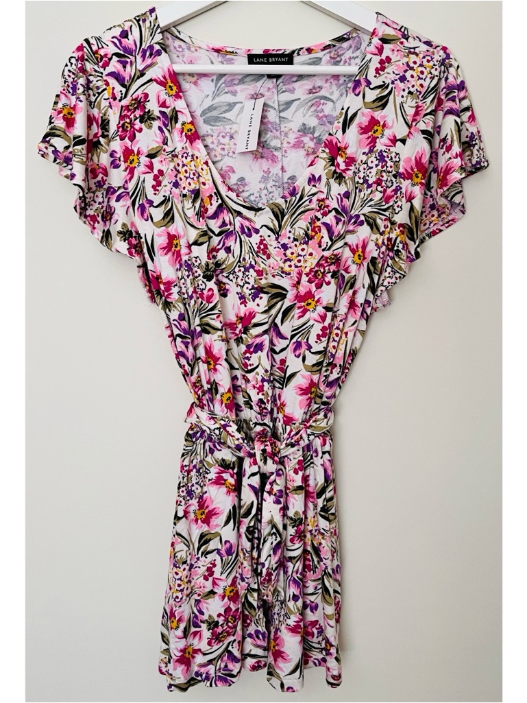 Lane Bryant 14/16 Short Flounce Sleeve Belted Floral Print Top